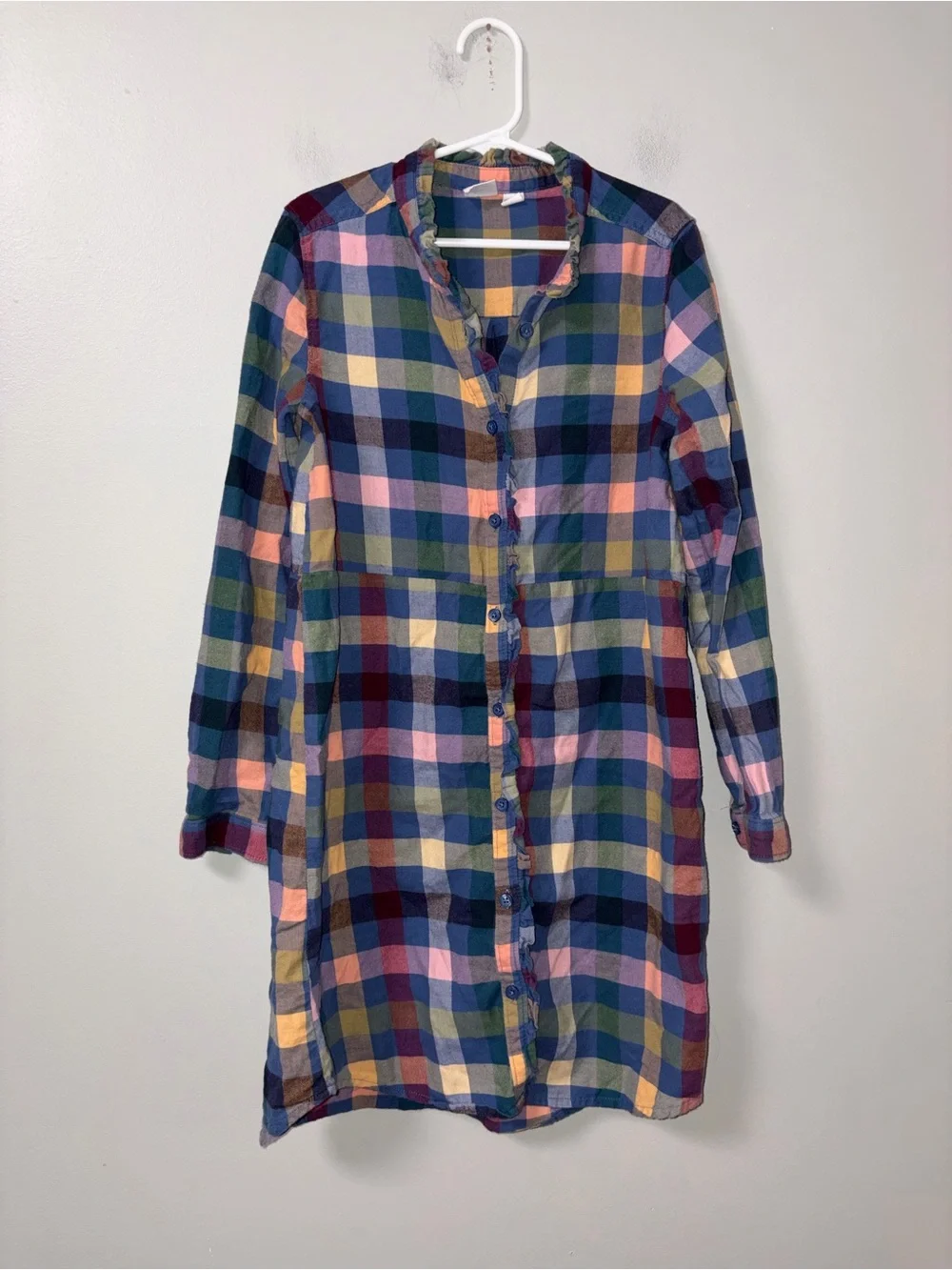 Gap Rainbow Plaid Long Sleeve Button Up Shirt Dress Girls M 7/8‎